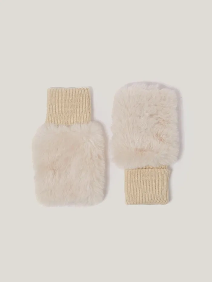 Jigsaw Faux Fur Mittens Cream Women Hats and Gloves