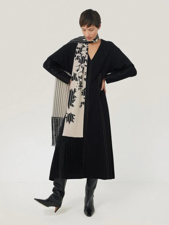 Jigsaw Floral Pinstripe Fringed Scarf Monochrome Women Ponchos and Scarves
