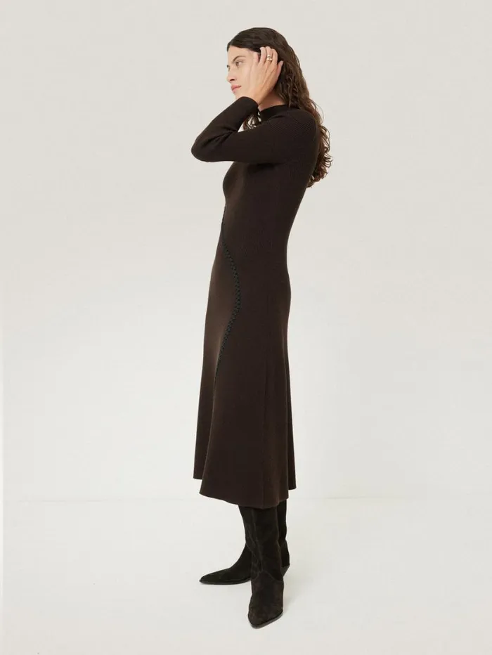 Jigsaw Lattice Trim Knitted Dress Brown Women Dresses and Jumpsuits