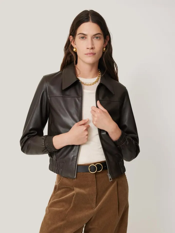 Jigsaw Leather Zip Front Biker Dark Olive Women Coats and Jackets