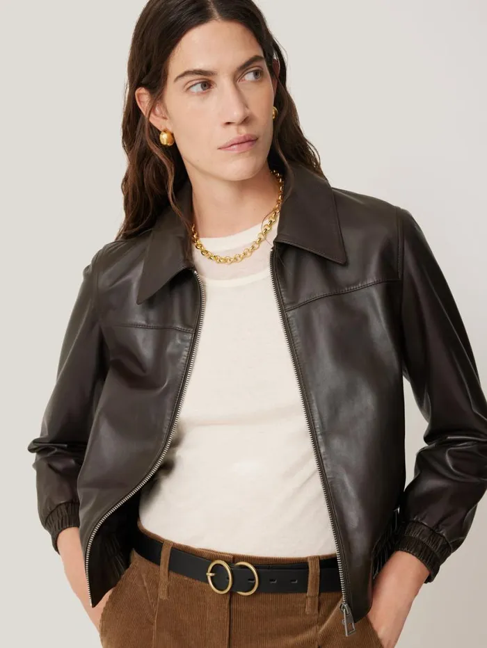 Jigsaw Leather Zip Front Biker Dark Olive Women Coats and Jackets