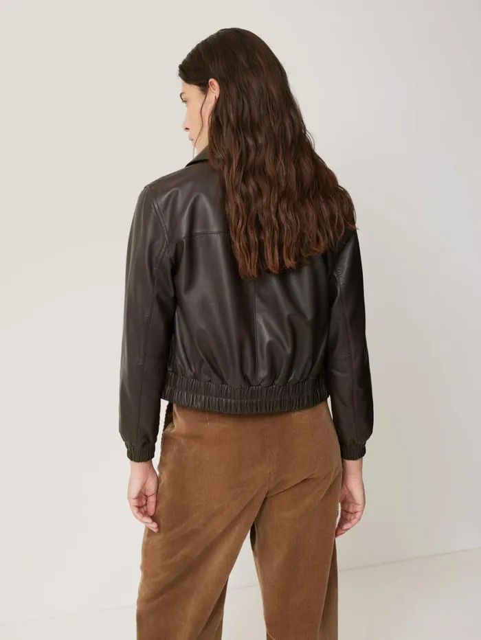 Jigsaw Leather Zip Front Biker Dark Olive Women Coats and Jackets