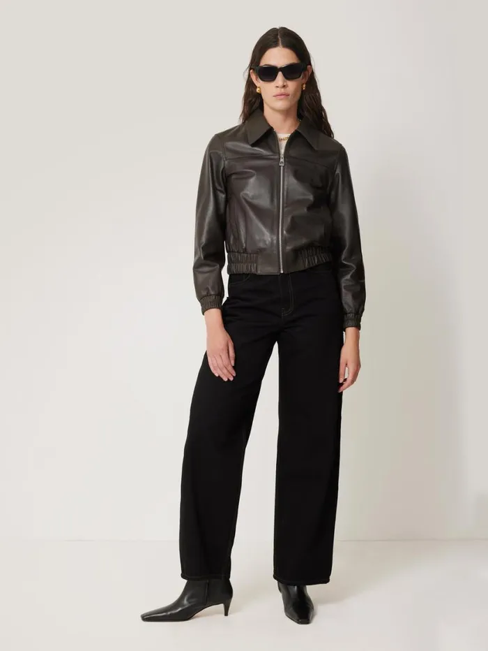 Jigsaw Leather Zip Front Biker Dark Olive Women Coats and Jackets