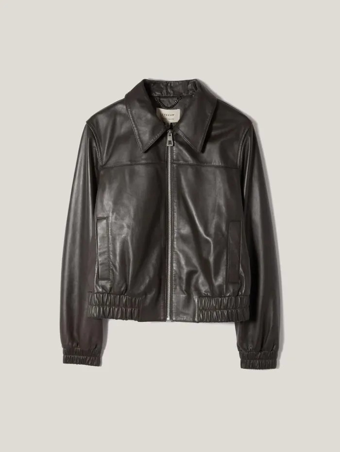 Jigsaw Leather Zip Front Biker Dark Olive Women Coats and Jackets
