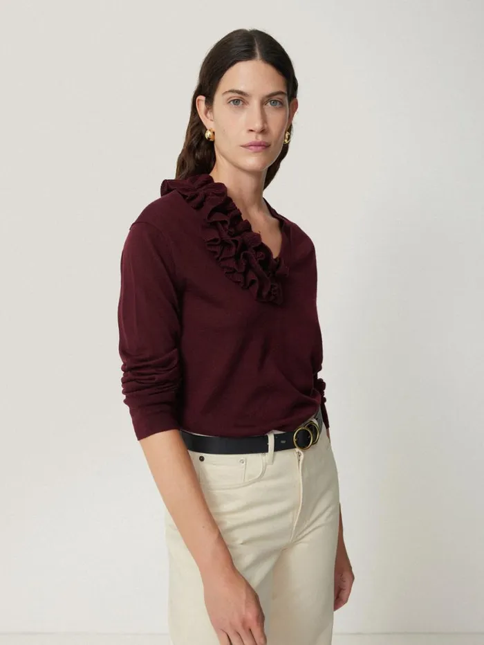 Jigsaw Merino Ruffle V Neck Jumper Burgundy Women Knitwear and Cashmere