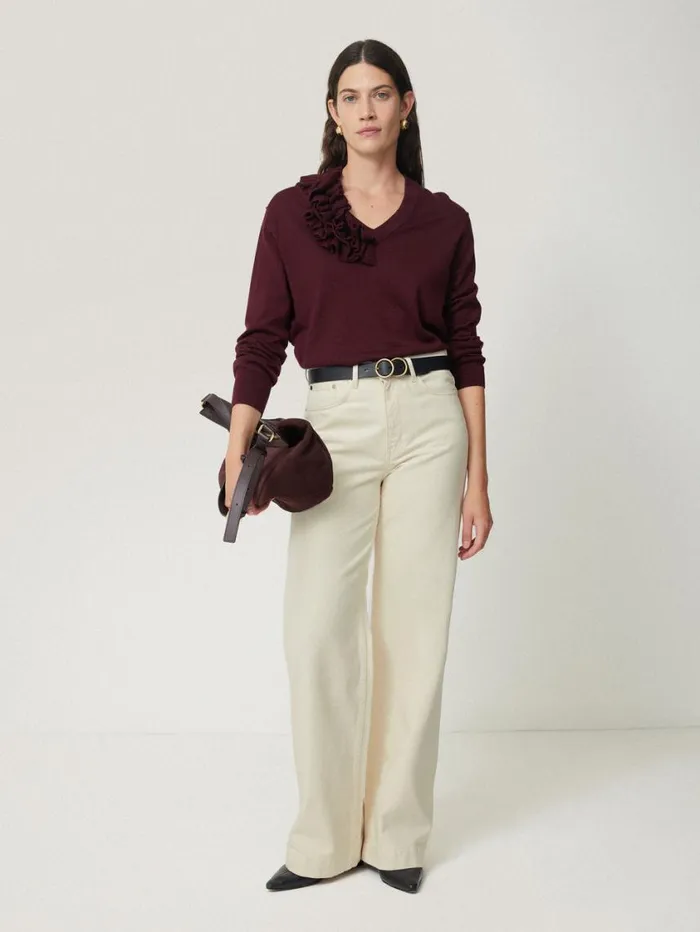 Jigsaw Merino Ruffle V Neck Jumper Burgundy Women Knitwear and Cashmere