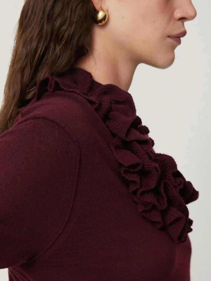 Jigsaw Merino Ruffle V Neck Jumper Burgundy Women Knitwear and Cashmere