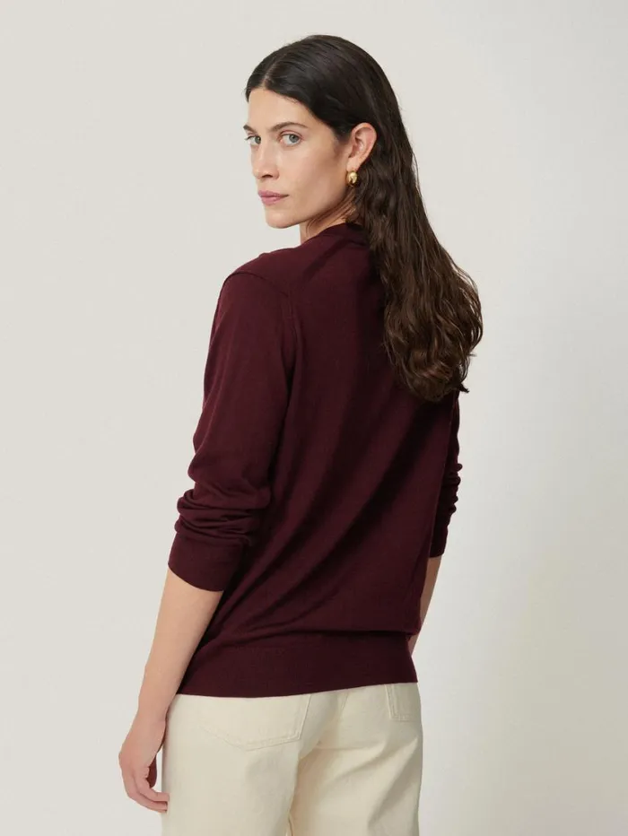 Jigsaw Merino Ruffle V Neck Jumper Burgundy Women Knitwear and Cashmere
