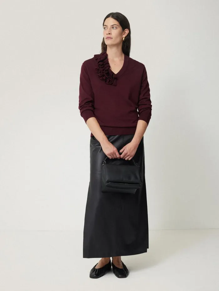 Jigsaw Merino Ruffle V Neck Jumper Burgundy Women Knitwear and Cashmere