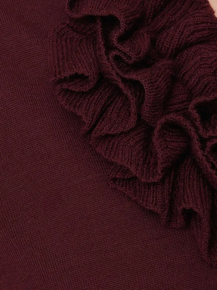 Jigsaw Merino Ruffle V Neck Jumper Burgundy Women Knitwear and Cashmere