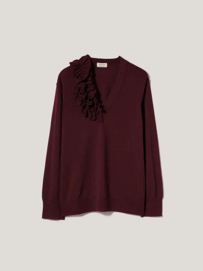 Jigsaw Merino Ruffle V Neck Jumper Burgundy Women Knitwear and Cashmere