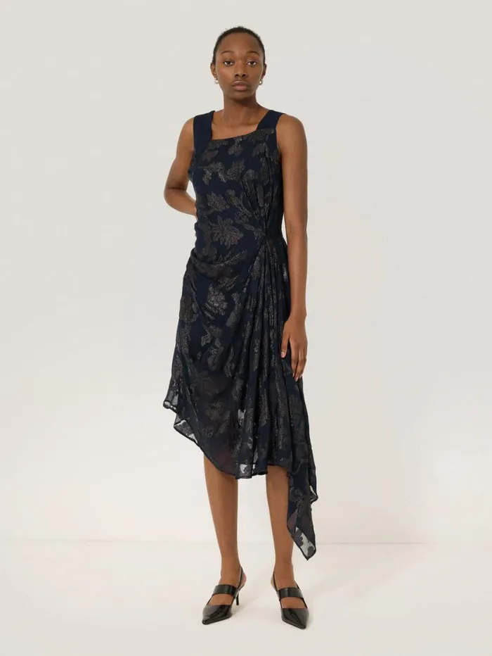 Jigsaw Metallic Jacquard Drape Dress Navy Women Dresses and Jumpsuits