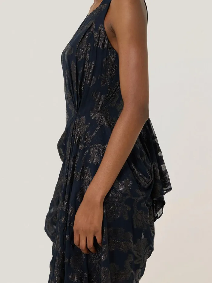 Jigsaw Metallic Jacquard Drape Dress Navy Women Dresses and Jumpsuits