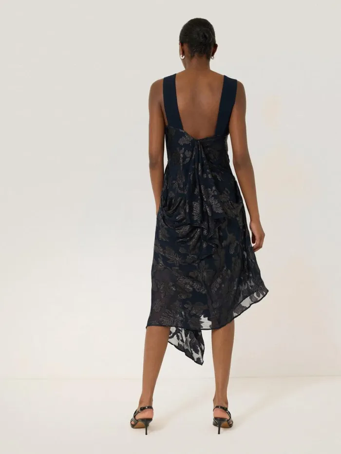 Jigsaw Metallic Jacquard Drape Dress Navy Women Dresses and Jumpsuits
