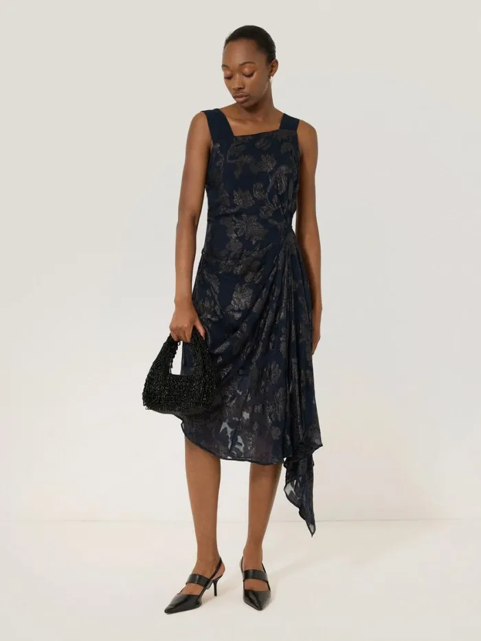 Jigsaw Metallic Jacquard Drape Dress Navy Women Dresses and Jumpsuits