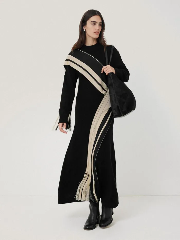 Jigsaw Opera Scarf Knitted Dress Black Women Dresses and Jumpsuits