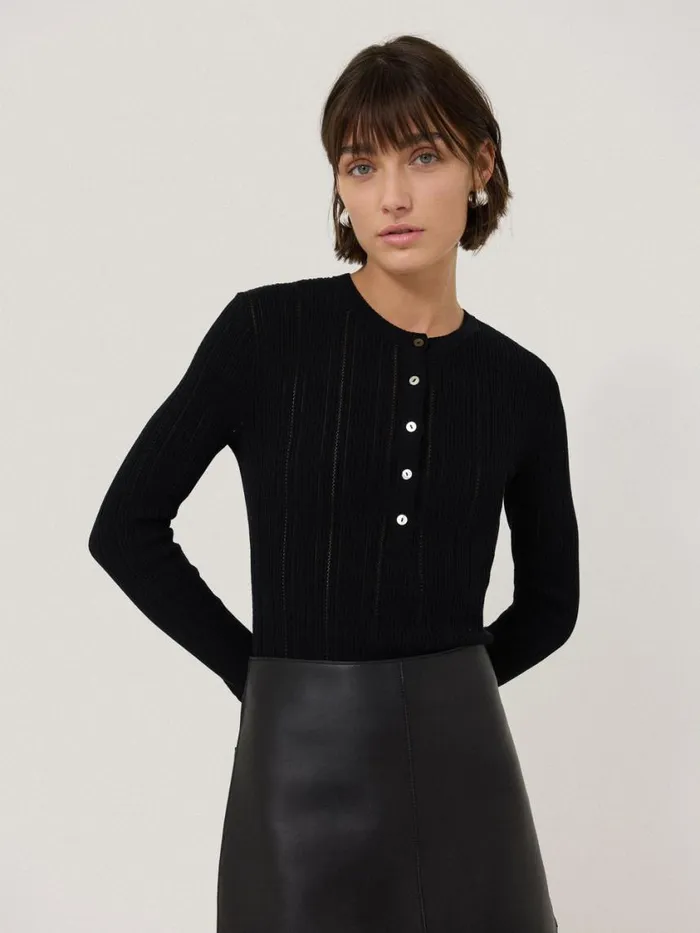 Jigsaw Rib Pointelle Henley Jumper Black Women Knitwear and Cashmere