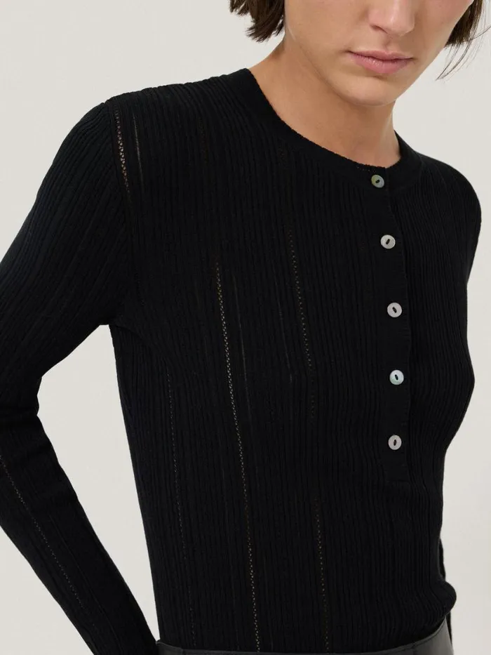 Jigsaw Rib Pointelle Henley Jumper Black Women Knitwear and Cashmere