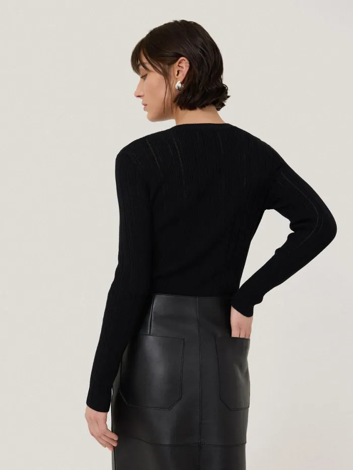 Jigsaw Rib Pointelle Henley Jumper Black Women Knitwear and Cashmere
