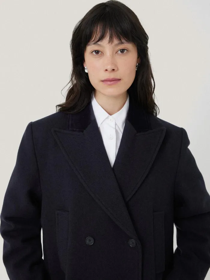 Jigsaw Wool Double Breasted Overcoat Navy Women Coats and Jackets