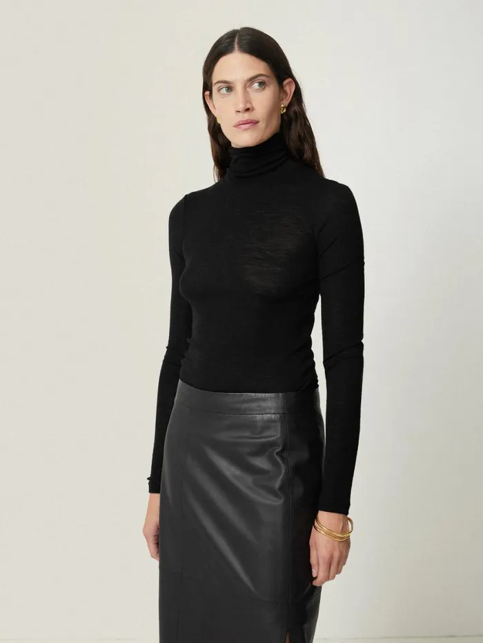 Jigsaw Wool Jersey Polo Neck Top Black Women Knitwear and Cashmere