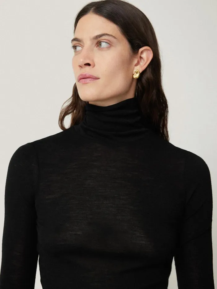 Jigsaw Wool Jersey Polo Neck Top Black Women Knitwear and Cashmere