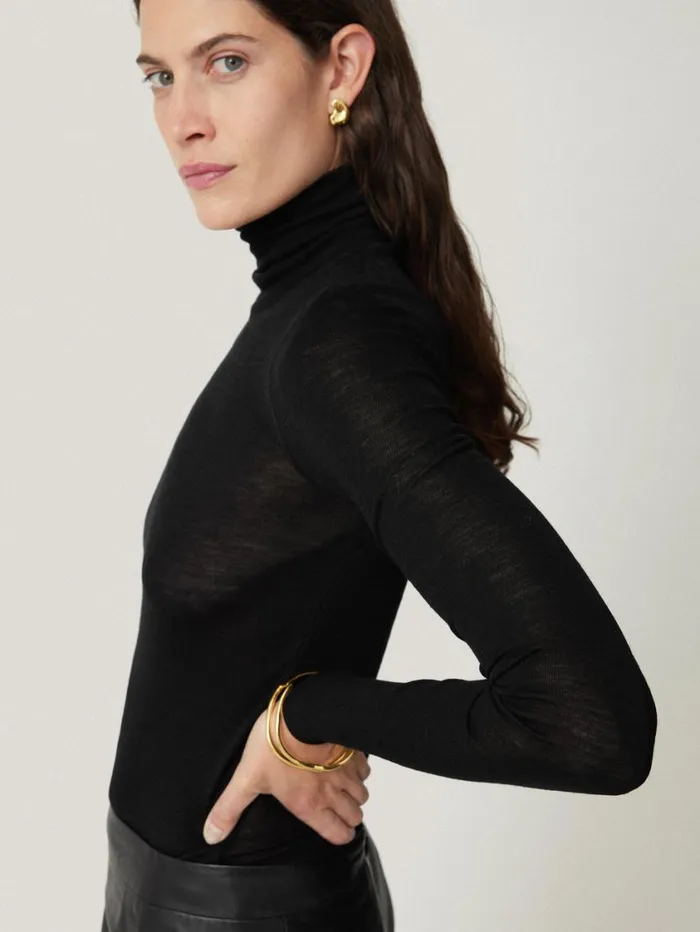 Jigsaw Wool Jersey Polo Neck Top Black Women Knitwear and Cashmere