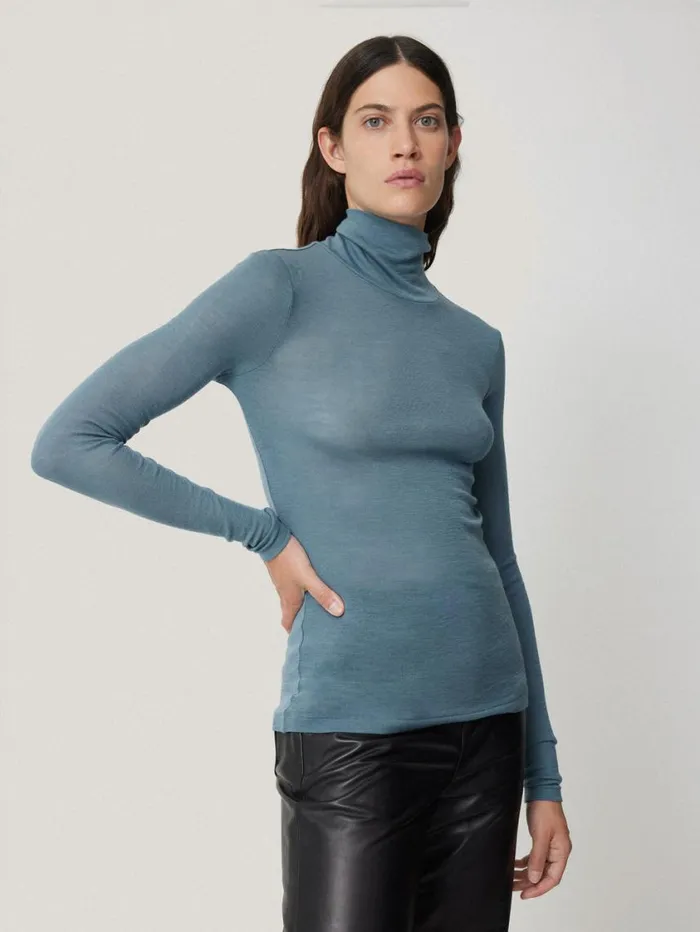 Jigsaw Wool Jersey Polo Neck Top Water Blue Women Knitwear and Cashmere
