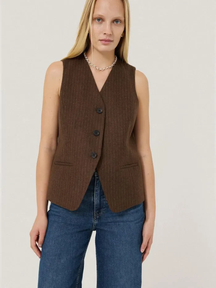 Jigsaw Wool Pinstripe Waistcoat Brown Women Coats and Jackets