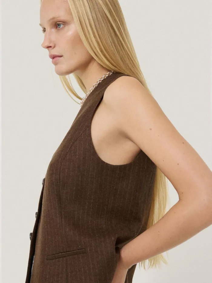 Jigsaw Wool Pinstripe Waistcoat Brown Women Coats and Jackets