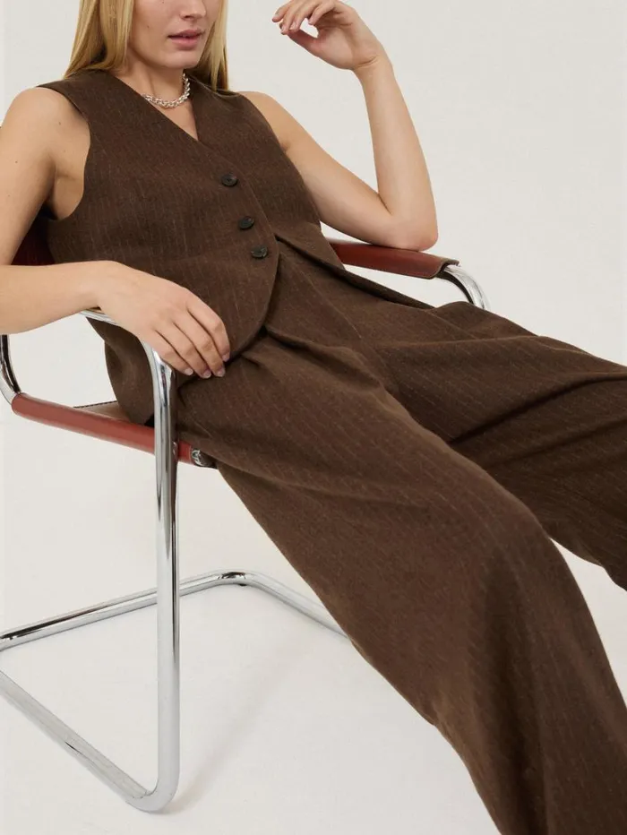 Jigsaw Wool Pinstripe Waistcoat Brown Women Coats and Jackets
