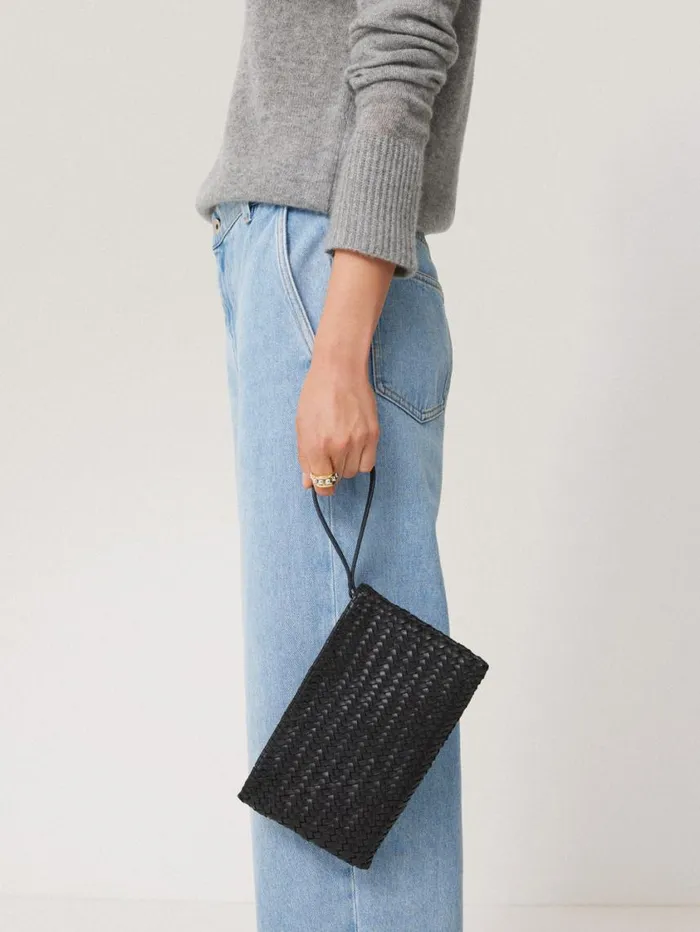 Jigsaw Woven Leather Pouch Black Women Wallets and Card Holders