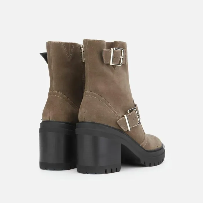 Kenneth Cole Rhode Buckled Suede Short Boot With Polar Grip Dark Taupe Women Boots Booties