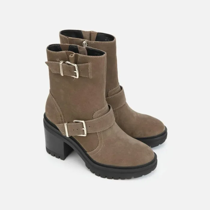 Kenneth Cole Rhode Buckled Suede Short Boot With Polar Grip Dark Taupe Women Boots Booties