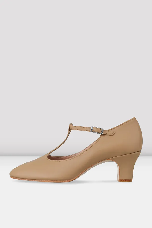 Ladies Chord TStrap 2 Inch Heel Character Shoes Tan Leather Adult Character Bloch