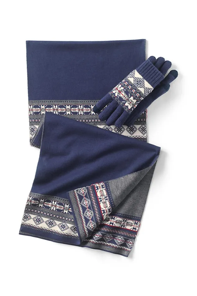 Lands039 End Accessories Men Knit Pattern Gift Set Deep Sea Navy Fairisle