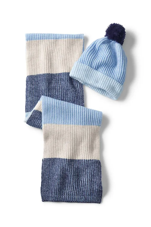 Lands039 End Accessories Women Knit Winter Hat and Scarf Gift Set Deep Sea Navy Colorblock