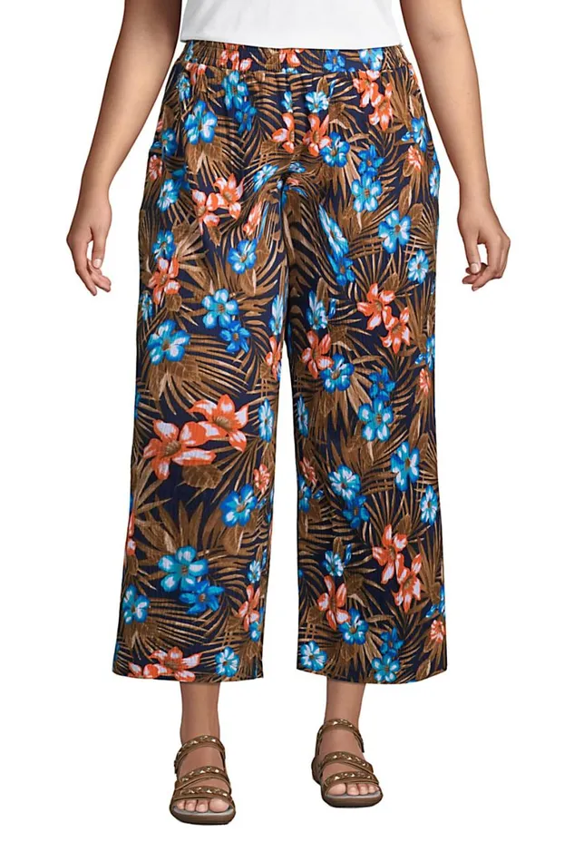 Lands039 End Capris and Crop Pants Women Plus Size High Rise Pull On Elastic Waist Wide Leg Crinkle Knit Crop Pants Deep Sea Navy Tropic Palm Lands039 End Capris and Crop Pants Women Plus Size High Rise Pull On Elastic Waist Wide Leg Crinkle Knit Crop Pants Deep Sea Navy Tropic Palm