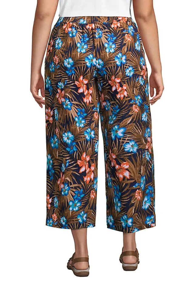 Lands039 End Capris and Crop Pants Women Plus Size High Rise Pull On Elastic Waist Wide Leg Crinkle Knit Crop Pants Deep Sea Navy Tropic Palm Lands039 End Capris and Crop Pants Women Plus Size High Rise Pull On Elastic Waist Wide Leg Crinkle Knit Crop Pants Deep Sea Navy Tropic Palm