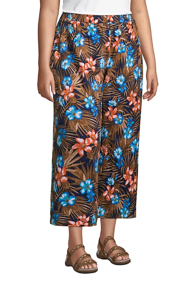 Lands039 End Capris and Crop Pants Women Plus Size High Rise Pull On Elastic Waist Wide Leg Crinkle Knit Crop Pants Deep Sea Navy Tropic Palm Lands039 End Capris and Crop Pants Women Plus Size High Rise Pull On Elastic Waist Wide Leg Crinkle Knit Crop Pants Deep Sea Navy Tropic Palm