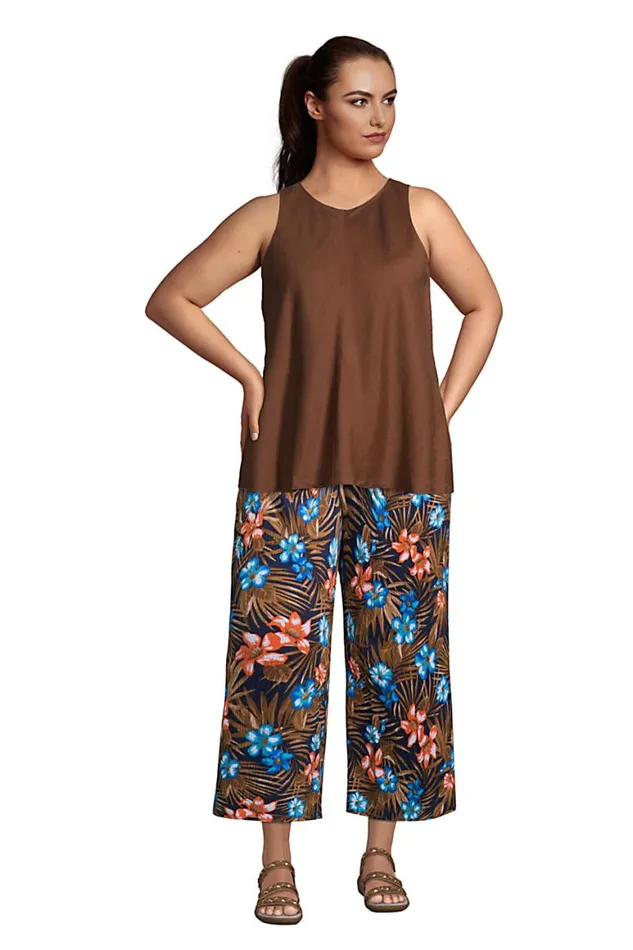 Lands039 End Capris and Crop Pants Women Plus Size High Rise Pull On Elastic Waist Wide Leg Crinkle Knit Crop Pants Deep Sea Navy Tropic Palm Lands039 End Capris and Crop Pants Women Plus Size High Rise Pull On Elastic Waist Wide Leg Crinkle Knit Crop Pants Deep Sea Navy Tropic Palm