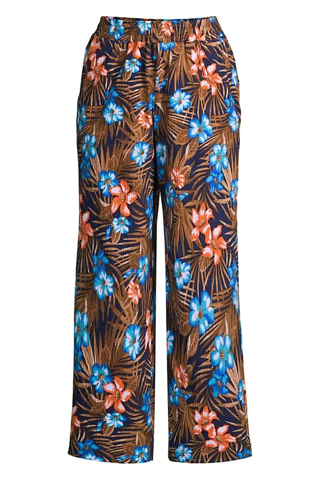 Lands039 End Capris and Crop Pants Women Plus Size High Rise Pull On Elastic Waist Wide Leg Crinkle Knit Crop Pants Deep Sea Navy Tropic Palm Lands039 End Capris and Crop Pants Women Plus Size High Rise Pull On Elastic Waist Wide Leg Crinkle Knit Crop Pants Deep Sea Navy Tropic Palm