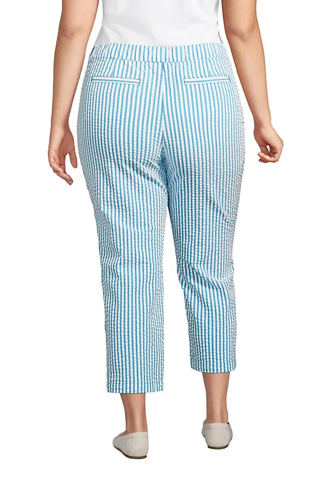 Lands039 End Capris and Crop Pants Women Plus Size Mid Rise Pull On Chino Seersucker Crop Pants Reef Blue Seersucker