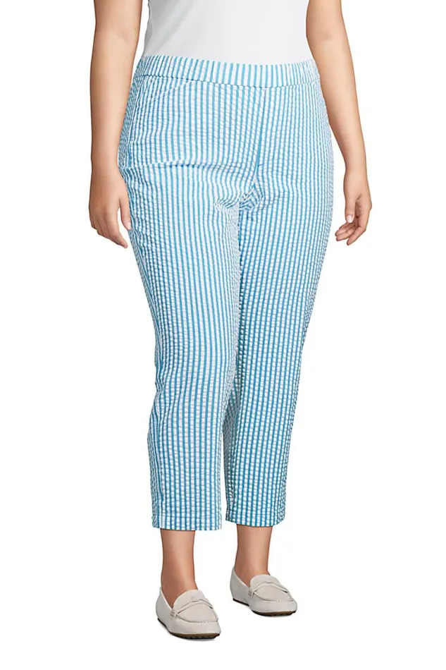 Lands039 End Capris and Crop Pants Women Plus Size Mid Rise Pull On Chino Seersucker Crop Pants Reef Blue Seersucker