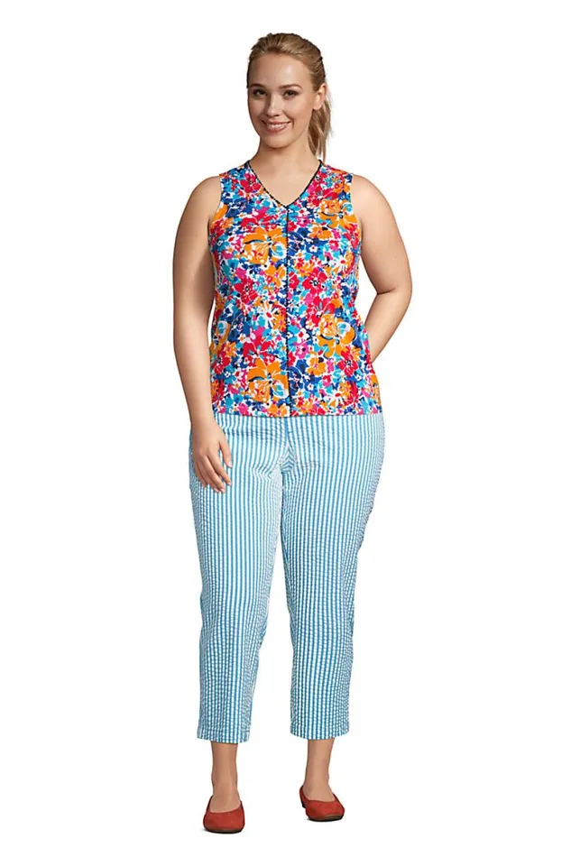 Lands039 End Capris and Crop Pants Women Plus Size Mid Rise Pull On Chino Seersucker Crop Pants Reef Blue Seersucker