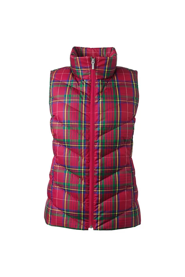 Lands039 End Coats and Jackets Women Petite Print Down Puffer Vest Rich Red Classic Plaid