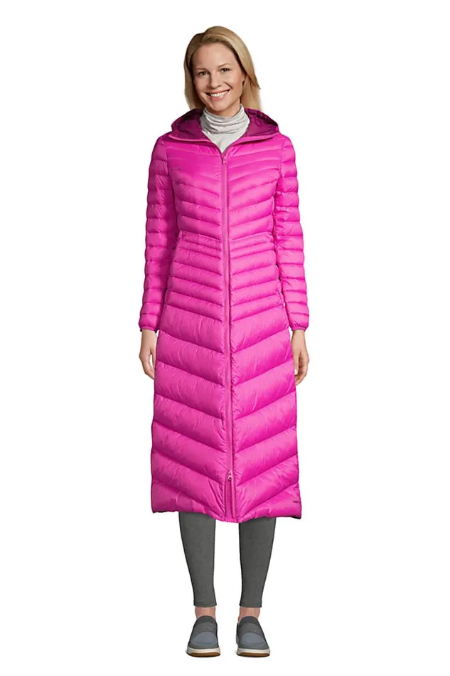 Lands039 End Coats and Jackets Women Petite Ultra Lightweight Maxi Long Down Coat With Hood Verbena