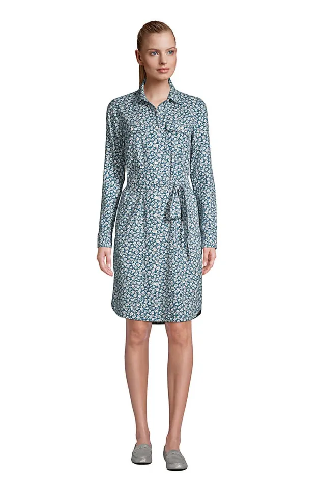 Lands039 End Dresses Women Cotton Flannel Long Sleeve Knee Length Shirt Dress Aegean Sea Floral Lands039 End Dresses Women Cotton Flannel Long Sleeve Knee Length Shirt Dress Aegean Sea Floral