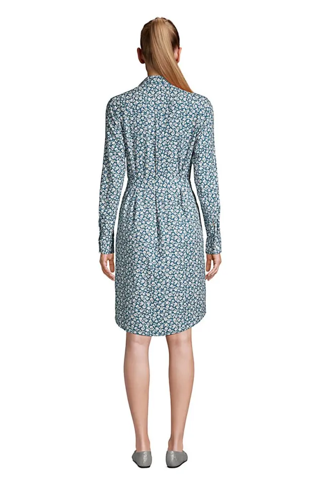 Lands039 End Dresses Women Cotton Flannel Long Sleeve Knee Length Shirt Dress Aegean Sea Floral