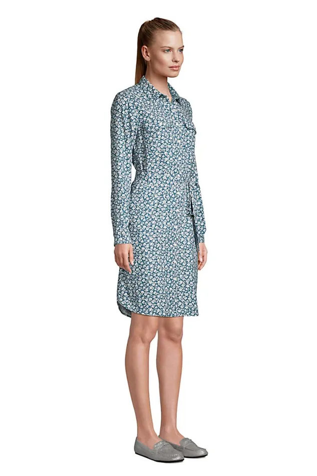 Lands039 End Dresses Women Cotton Flannel Long Sleeve Knee Length Shirt Dress Aegean Sea Floral